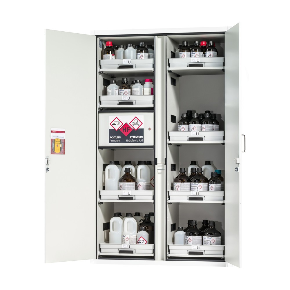 Illustration du produit: asecos® armoire à acides et produits chimiques CLASSIC, HxlxP 1 965 x 1 197 x 603 mm, 8 étagères coulissantes avec bac en PP, 1 compartiment intégré avec bac en polyéthylène (PE), blanc laboratoire