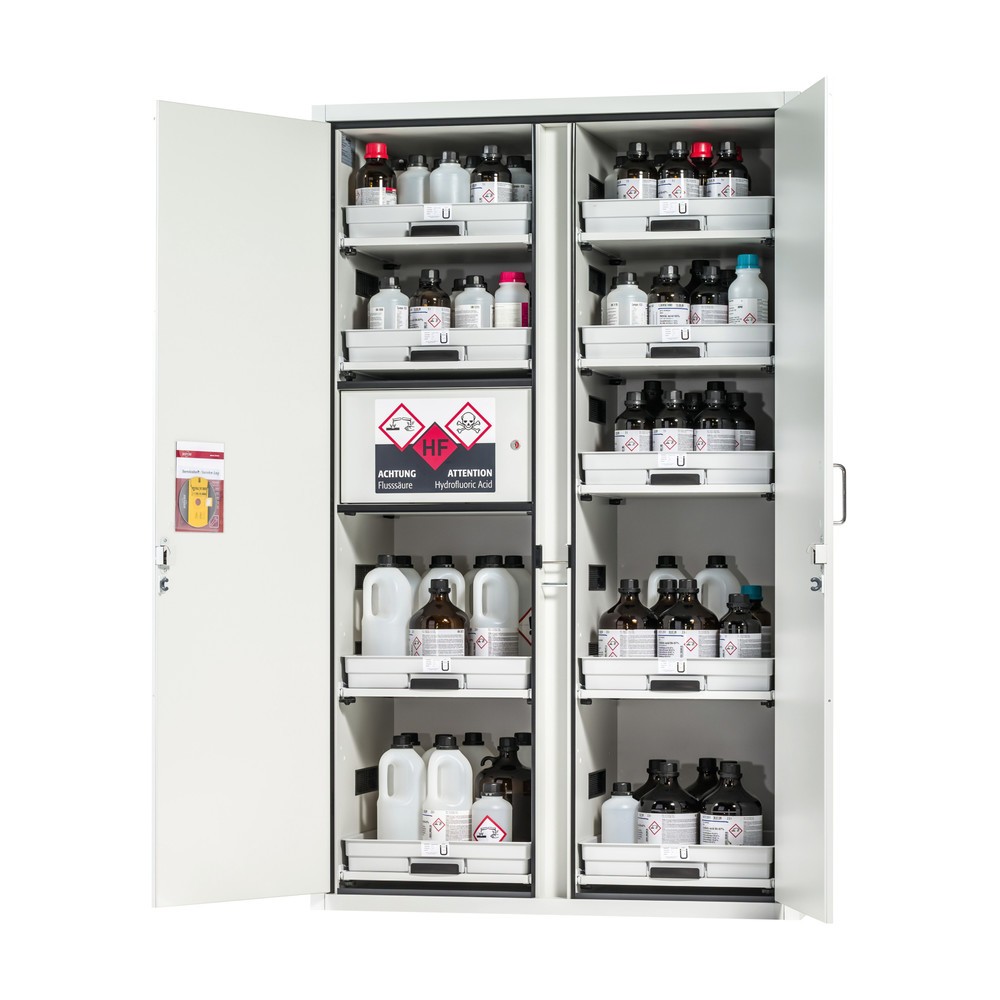 Illustration du produit: asecos® armoire à acides et produits chimiques CLASSIC, HxlxP 1 965 x 1 197 x 603 mm, 9 étagères coulissantes avec bac en PP, 1 compartiment intégré avec bac en polyéthylène (PE), gris clair