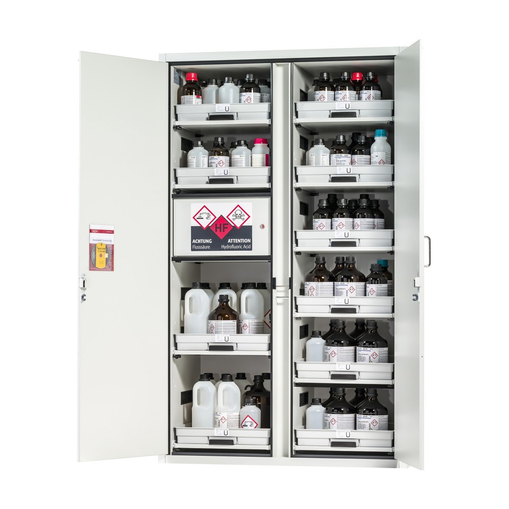 Illustration du produit: asecos® armoire à acides et produits chimiques CLASSIC, HxlxP 1 965 x 1 197 x 603 mm, 11 étagères coulissantes avec bac en PP, 1 compartiment intégré avec bac en polyéthylène (PE), gris clair