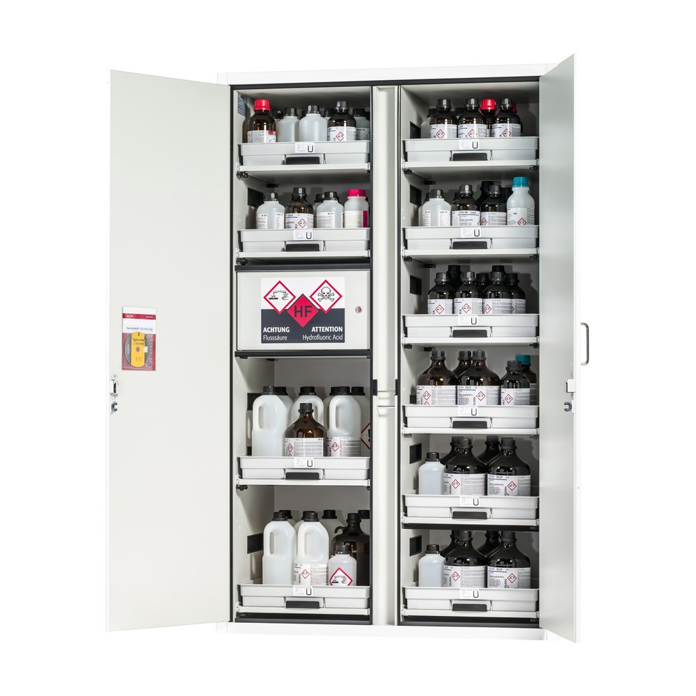 Illustration du produit: asecos® armoire à acides et produits chimiques CLASSIC, HxlxP 1 965 x 1 197 x 603 mm, 11 étagères coulissantes avec bac en PP, 1 compartiment intégré avec bac en polyéthylène (PE), blanc laboratoire