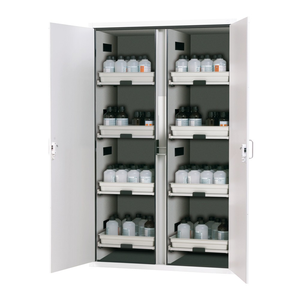Illustration du produit: asecos® armoire à acides et produits chimiques CLASSIC, HxlxP 1 965 x 1 197 x 603 mm, 8 étagères coulissantes avec bac en PP, blanc laboratoire