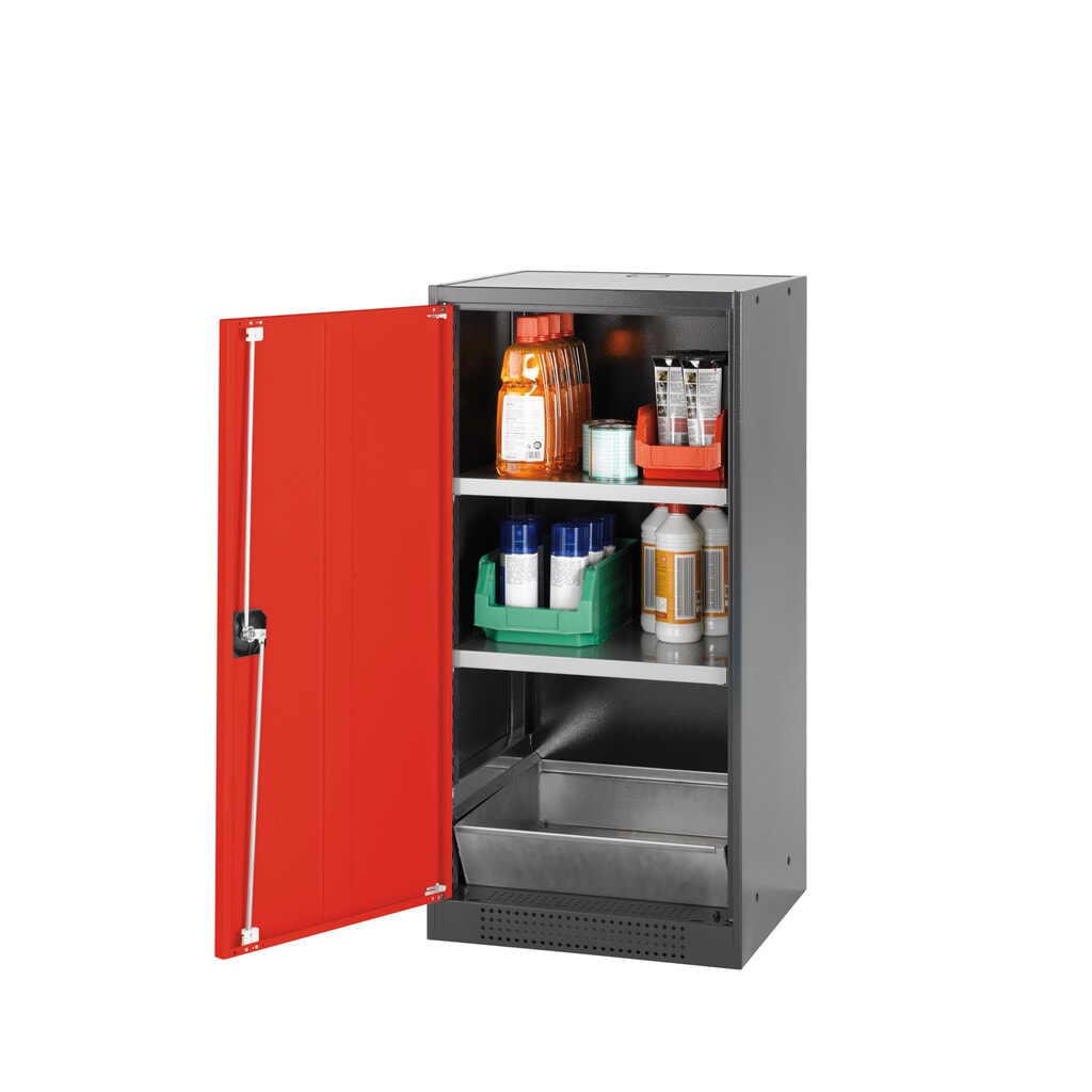 Produktabbildung: asecos® Chemikalienschrank CS-CLASSIC, mit Bodenauffangwanne mit Lochblech und 2 Fachböden, HxBxT 1.105 x 545 x 520 mm, verkehrsrot