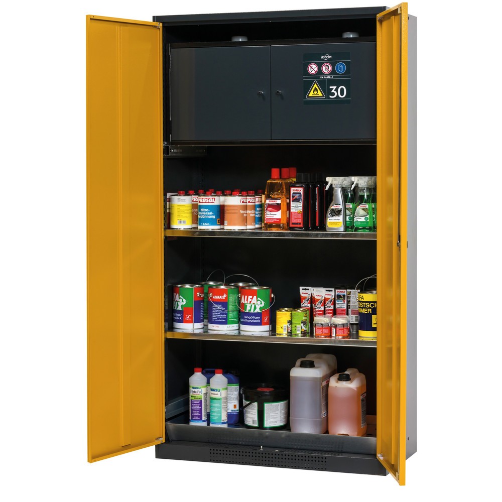Produktabbildung: asecos® Chemikalien- und Giftschrank mit Sicherheitsbox Typ 30, 2 Fachböden, 1 Bodenwanne, goldgelb