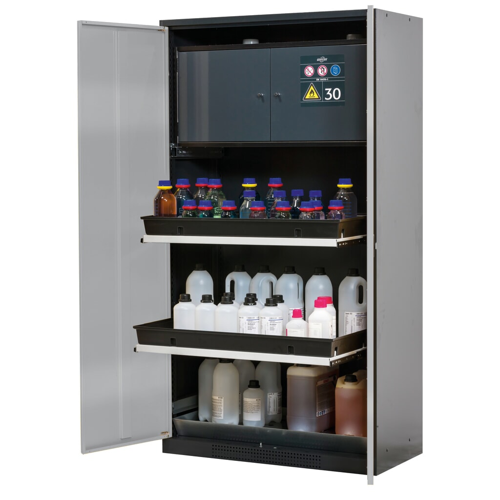 Produktabbildung: asecos® Chemikalienschrank CS-CLASSIC-F, mit Typ-30-Sicherheitsbox, PP-Wanne und 3 Tablarauszügen, HxBxT 1.950 x 1.055 x 520  mm, silber
