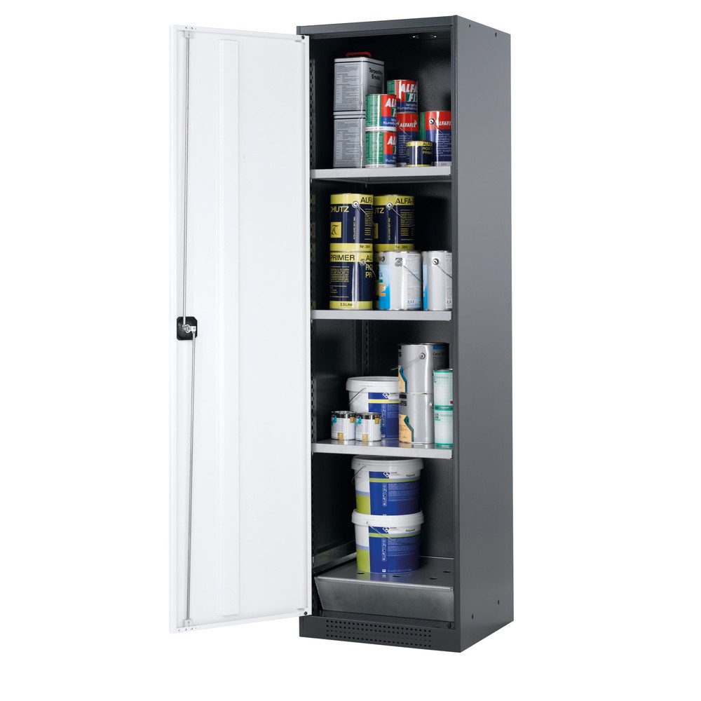 Produktabbildung: asecos® Chemikalienschrank CS-CLASSIC, mit Bodenauffangwanne mit Lochblech und 3 Fachböden, HxBxT 1.950 x 545 x 520 mm, reinweiß