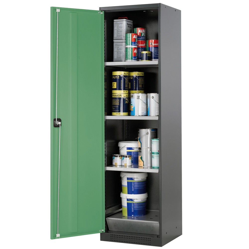 Produktabbildung: asecos® Chemikalienschrank CS-CLASSIC, mit Bodenauffangwanne mit Lochblech und 3 Fachböden, HxBxT 1.950 x 545 x 520 mm, resedagrün