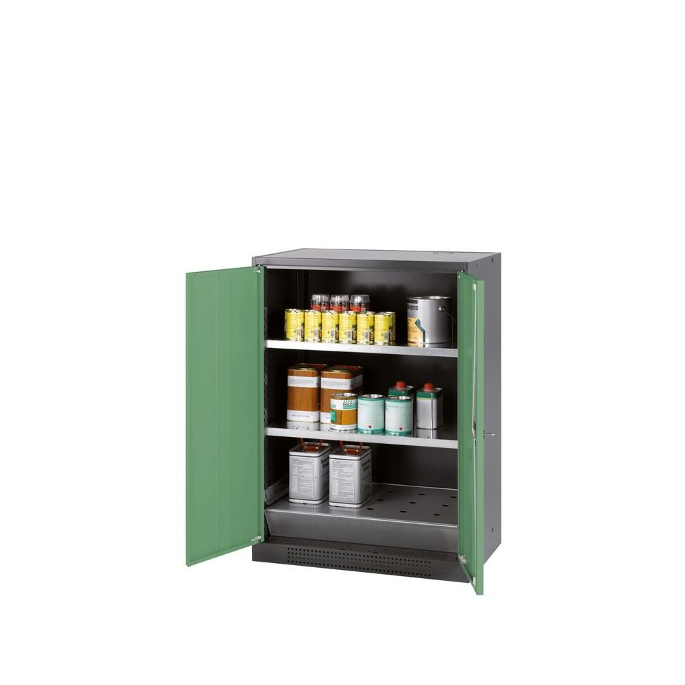 Produktabbildung: asecos® Chemikalienschrank CS-CLASSIC, mit Bodenauffangwanne mit Lochblech und 2 Fachböden, HxBxT 1.105 x 810 x 520 mm, resedagrün