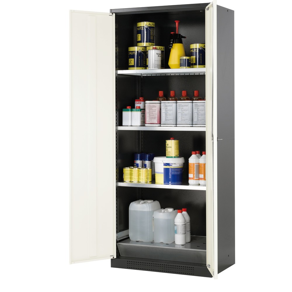 Produktabbildung: asecos® Chemikalienschrank CS-CLASSIC, mit Bodenauffangwanne mit Lochblech und 3 Fachböden, HxBxT 1.950 x 810 x 520 mm, reinweiß