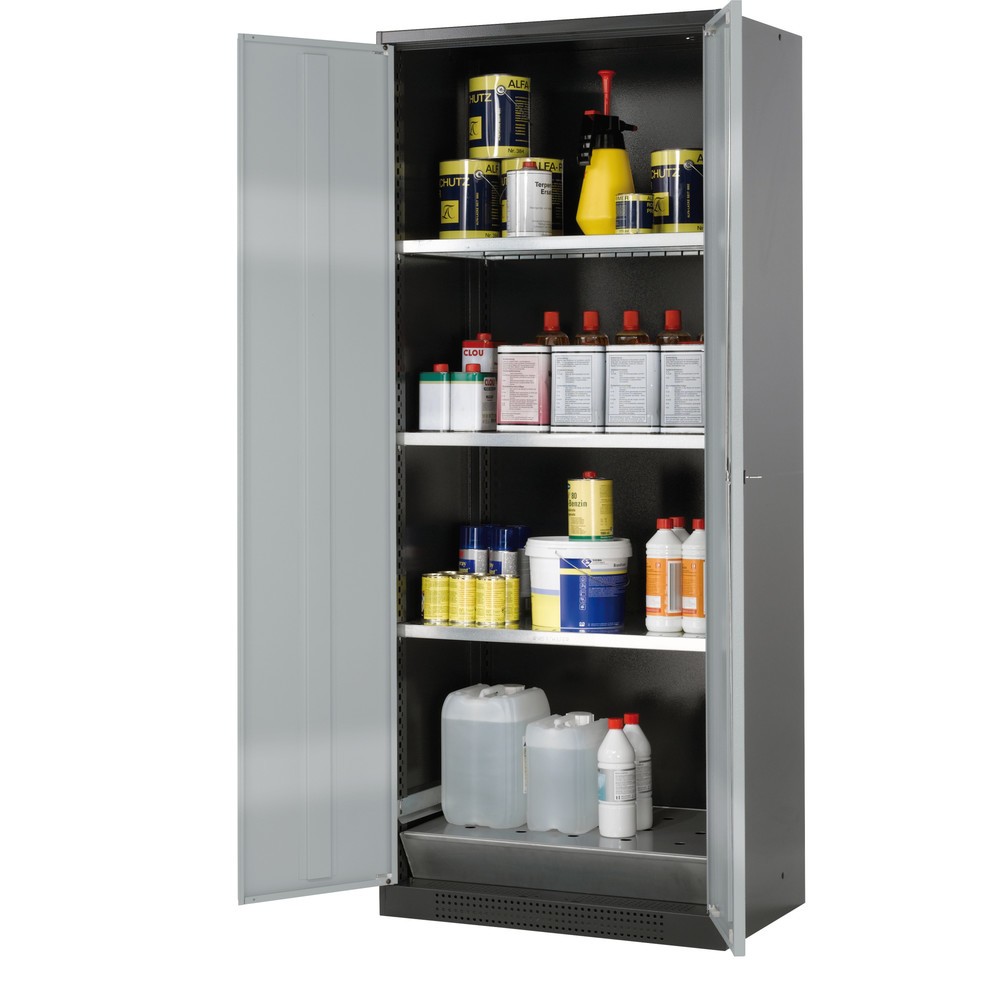 Produktabbildung: asecos® Chemikalienschrank CS-CLASSIC, mit Bodenauffangwanne mit Lochblech und 3 Fachböden, HxBxT 1.950 x 810 x 520 mm, silber