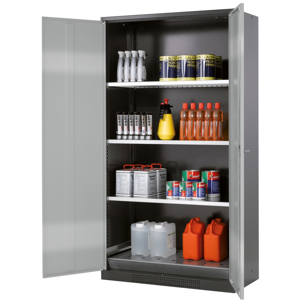 Produktabbildung: asecos® Chemikalienschrank CS-CLASSIC, mit Bodenauffangwanne mit Lochblech und 3 Fachböden, HxBxT 1.950 x 1.055 x 520  mm, silber