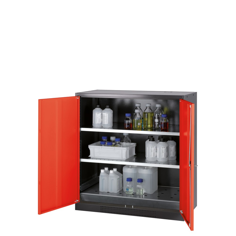 Produktabbildung Nr. 1: asecos® Chemikalienschrank CS-CLASSIC, mit Bodenauffangwanne mit Lochblech und 2 Fachböden, HxBxT 1.105 x 1.055 x 520 mm, verkehrsrot