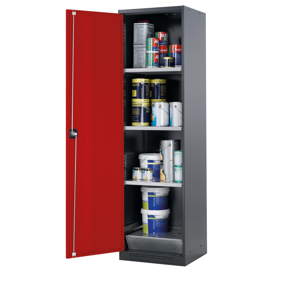 Produktabbildung: asecos® Chemikalienschrank CS-CLASSIC, mit Bodenauffangwanne mit Lochblech und 3 Fachböden, HxBxT 1.950 x 545 x 520 mm, verkehrsrot