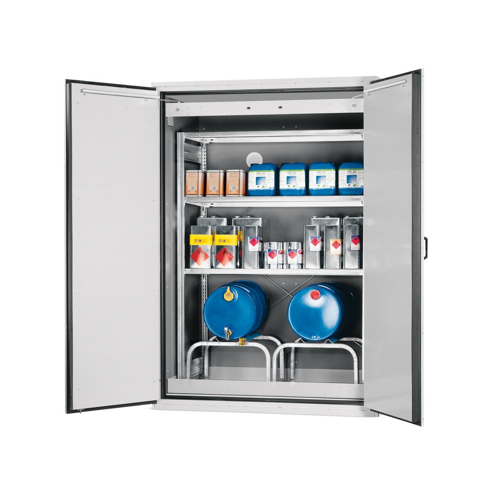 Produktabbildung: asecos® Feuerbeständiger Fassschrank Typ 90 für Großgebinde, Auffangwanne + Transportsockel