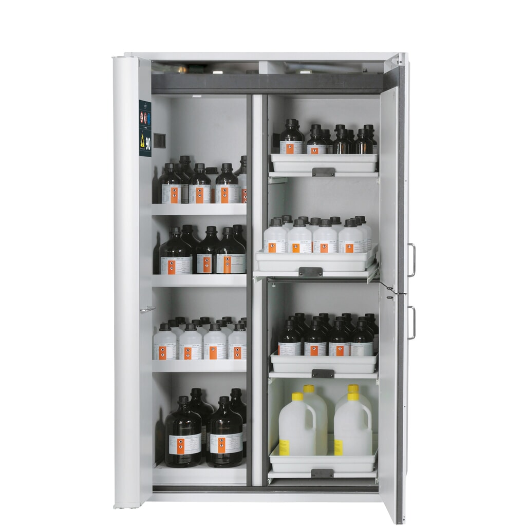 Produktabbildung Nr. 1: asecos® Kombi-Schrank K-PHOENIX-90, HxBxT 1.969 x 1.197 x 617 mm, Stahlblech: 3x Fachboden, 1x Lochblecheinsatz, 1x Bodenauffangwanne, 4x Tablarauszug mit PP-Wanne