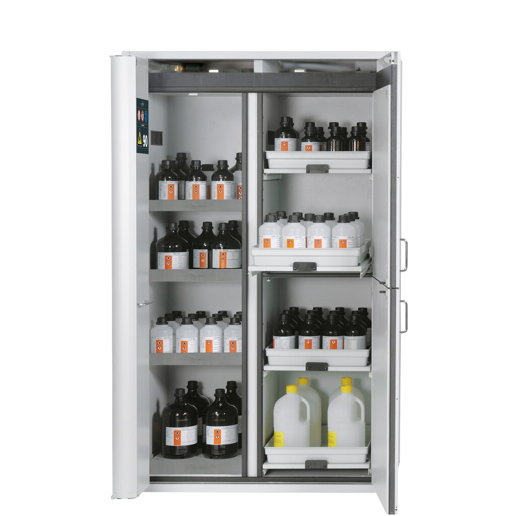 Produktabbildung: asecos® Kombi-Schrank K-PHOENIX-90, HxBxT 1.969 x 1.197 x 617 mm, Edelstahl: 3x Fachboden, 1x Lochblecheinsatz, 1x Bodenauffangwanne, 4x Tablarauszug mit PP-Wanne