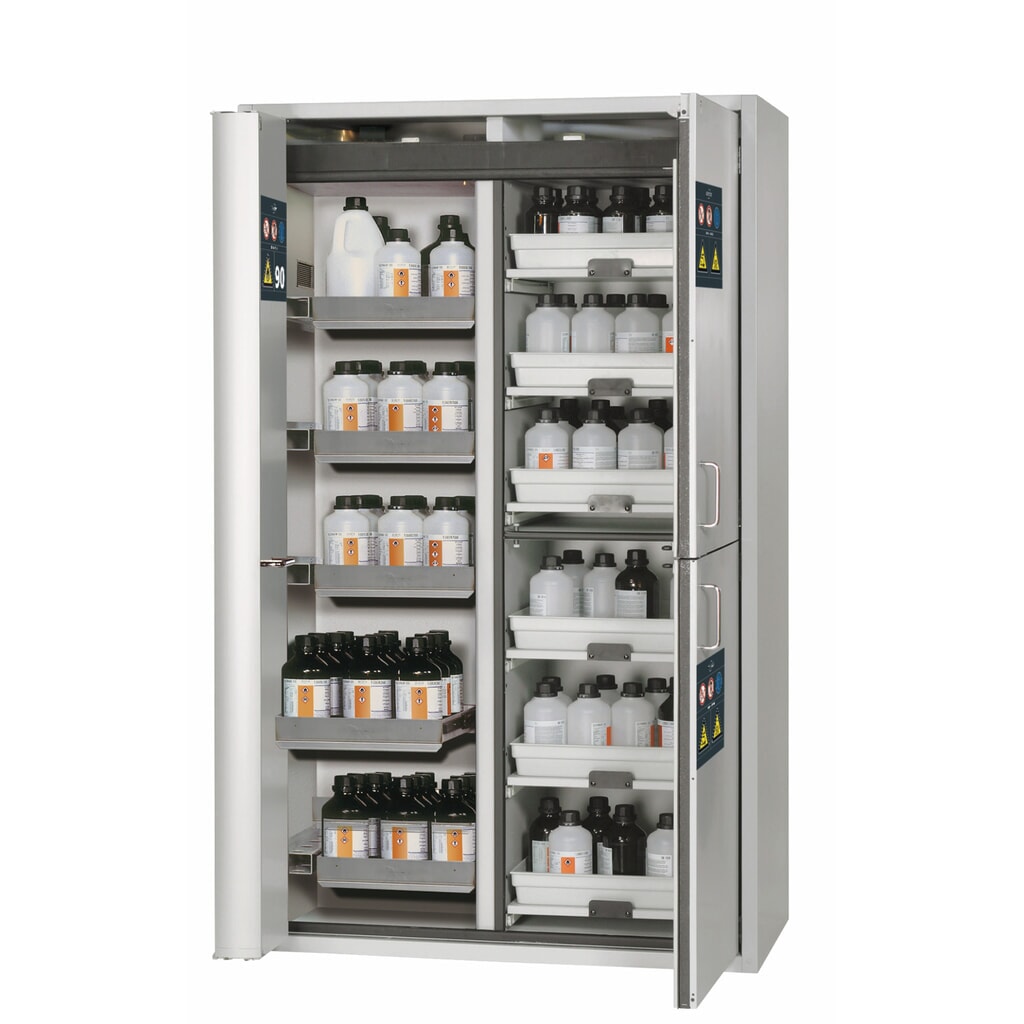 Produktabbildung: asecos® Kombi-Schrank K-PHOENIX-90, HxBxT 1.969 x 1.197 x 617 mm, Edelstahl: 6x Auszugswanne, 1x Bodenauffangwanne, 6x Tablarauszug mit PP-Wanne