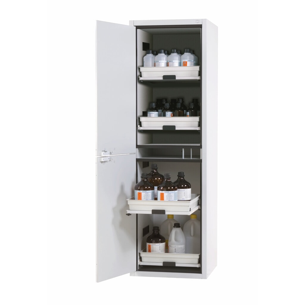 asecos® Säuren- u. Chemikalienschrank CLASSIC, HxBxT 1.965 x 597 x 603 mm, 4x Tablarauszug mit PP-Wanne, lichtgrau Produktabbildung: asecos® Säuren- u. Chemikalienschrank CLASSIC, HxBxT 1.965 x 597 x 603 mm, 4x Tablarauszug mit PP-Wanne, lichtgrau