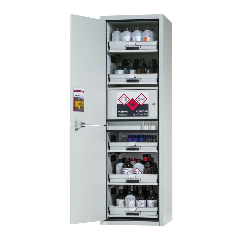 Produktabbildung: asecos® Säuren- u. Laugenschrank CLASSIC, HxBxT 1.965 x 597 x 603 mm, 5x Tablarauszug mit PP-Wanne, 1x Einbaufach mit PE-Wanne, lichtgrau