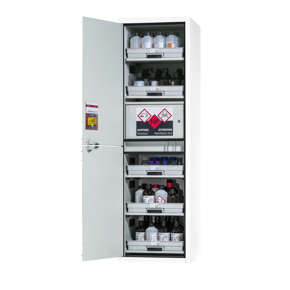 Produktabbildung: asecos® Säuren- u. Laugenschrank CLASSIC, HxBxT 1.965 x 597 x 603 mm, 5x Tablarauszug mit PP-Wanne, 1x Einbaufach mit PE-Wanne, laborweiß