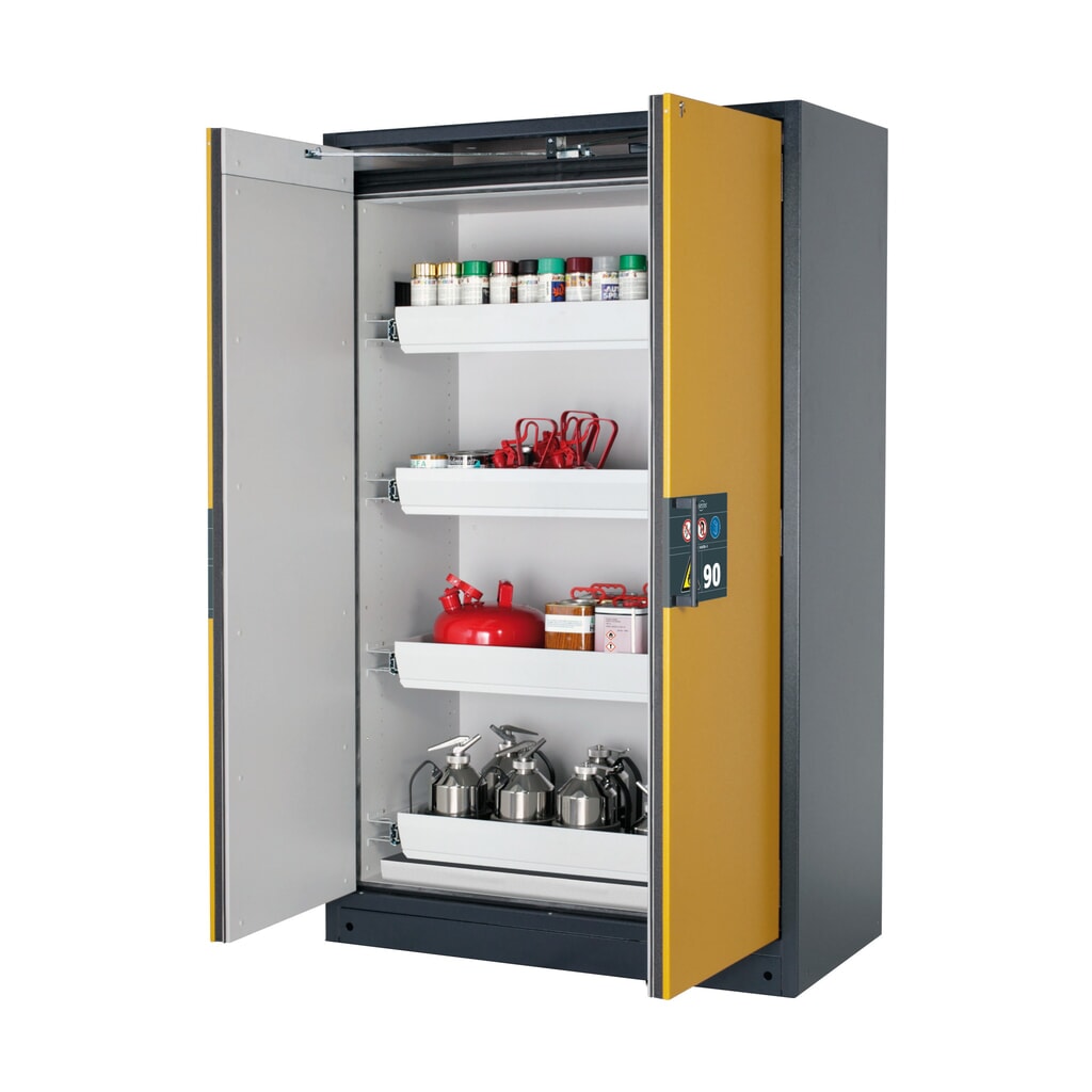 asecos® Brandschutzschrank Q-PEGASUS/Typ 90, 4 Auszugswannen, HxBxT 1.953 x 1.193 x 615 mm, goldgelb Produktabbildung: asecos® Brandschutzschrank Q-PEGASUS/Typ 90, 4 Auszugswannen, HxBxT 1.953 x 1.193 x 615 mm, goldgelb