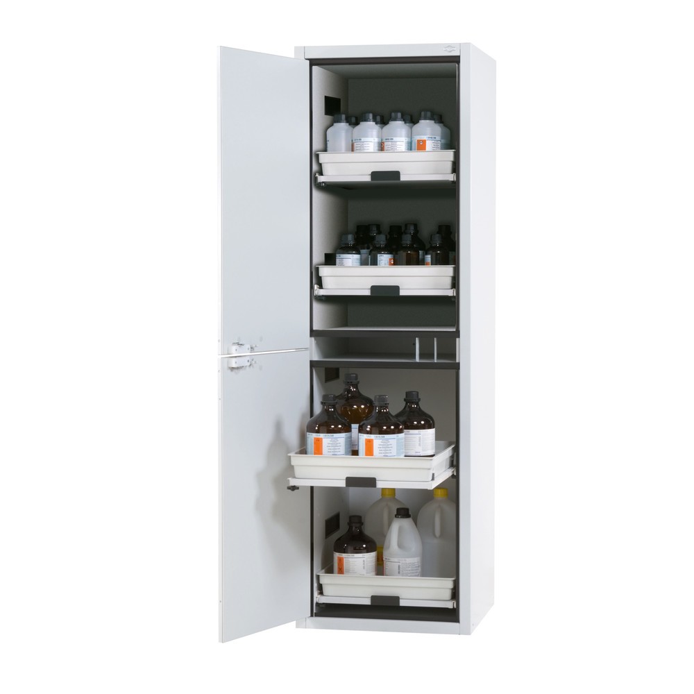 Product afbeelding: asecos® CLASSIC zuur- en chemicaliënkast, hxbxd 1.965 x 597 x 603 mm, 4x uittrekbare legborden met PP-container, lichtgrijs