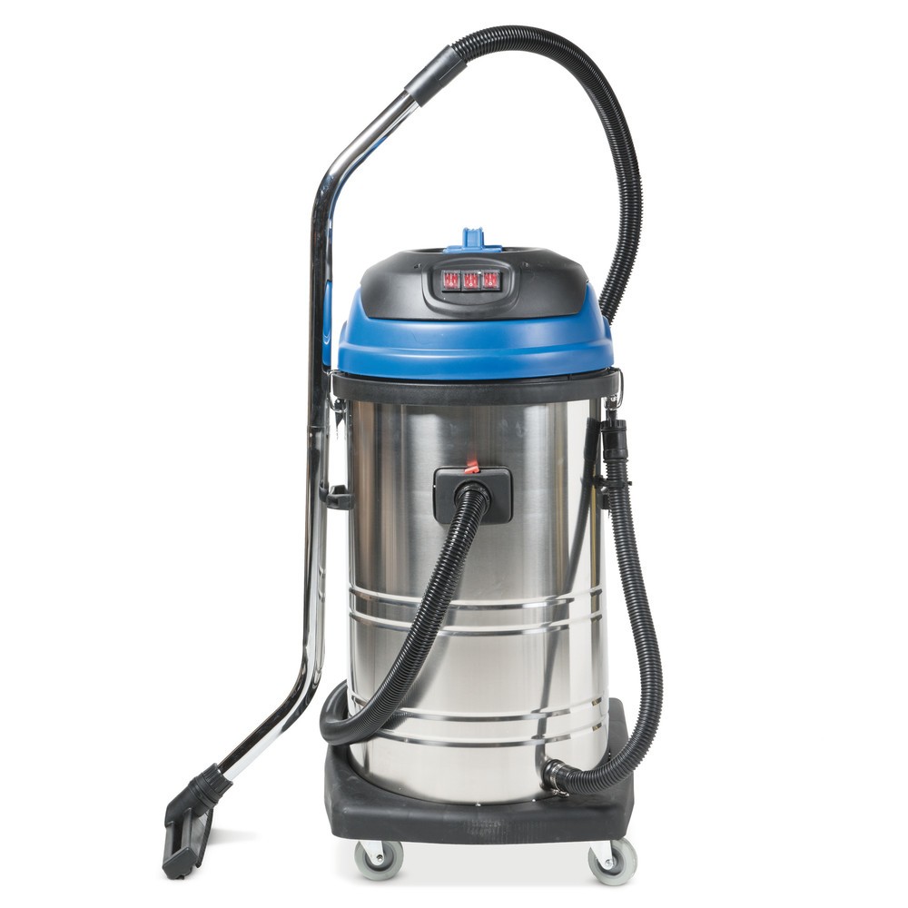 N° de l'image du produit 1 : Aspirateur industriel HEMMDAL, eau + poussière, cuve en acier inoxydable, 3 000 W, 80 l, châssis basculant, dossier de poussée, tuyau de vidange
