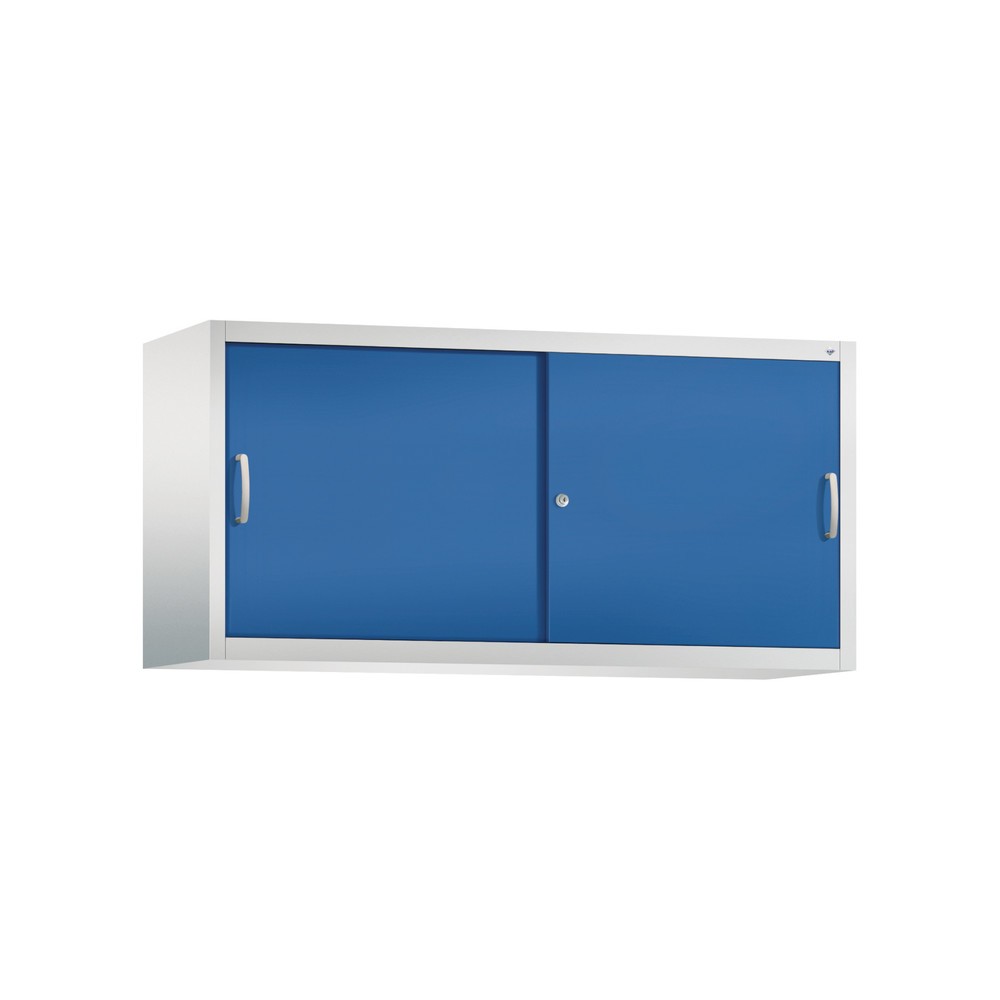 Produktabbildung Nr. 1: Aufsatzschrank für C+P Werkstatt-Schiebetürenschrank, 2 Fachböden, HxBxT 790 x 1.600 x 500 mm, Trennwand, lichtgrau, enzianblau