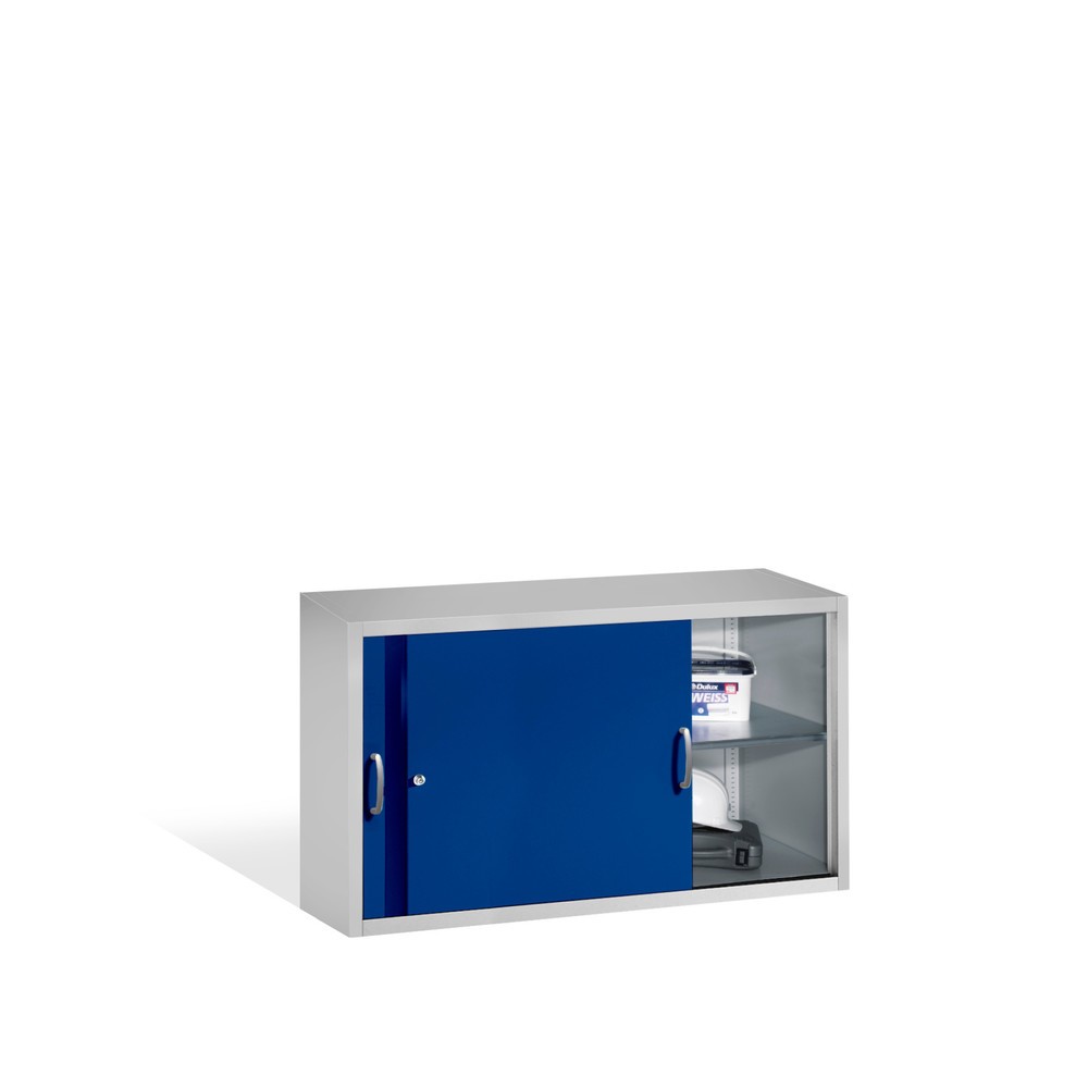 Produktabbildung Nr. 3: Aufsatzschrank für C+P Werkstatt-Schiebetürenschrank, 2 Fachböden, HxBxT 790 x 1.600 x 500 mm, Trennwand, lichtgrau, enzianblau