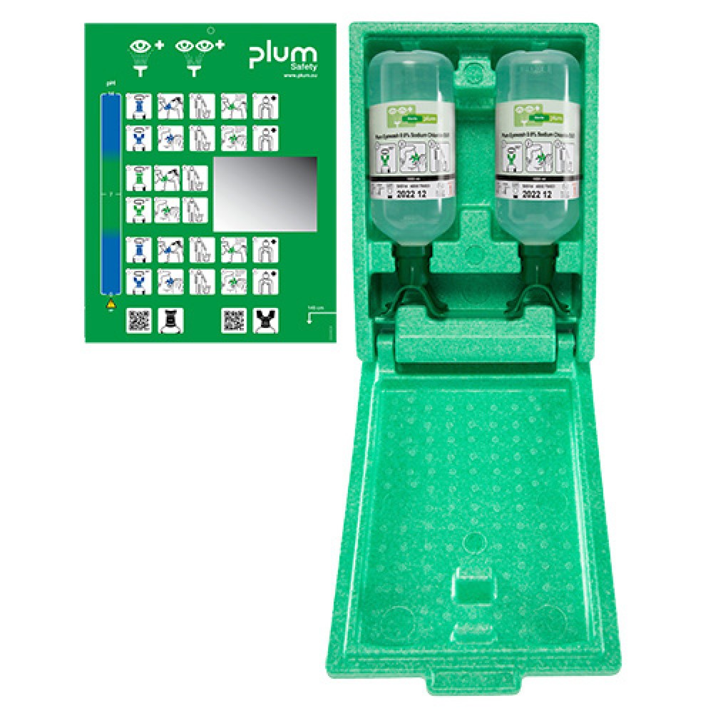 Produktabbildung: B-Safety Augenspülstation plum DUO in staubdichter Wandbox mit Spiegel, Natriumchloridlösung 2 x 1.000 ml