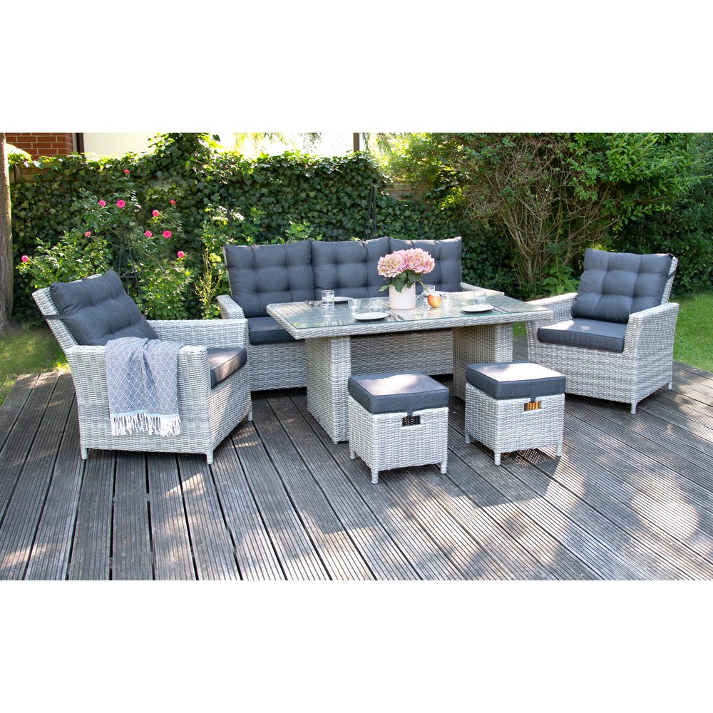 Produktabbildung: Außenmöbel-Set "Asti", 1x Sofa, 2x Sessel, 2x Hocker, 1x Tisch, grau