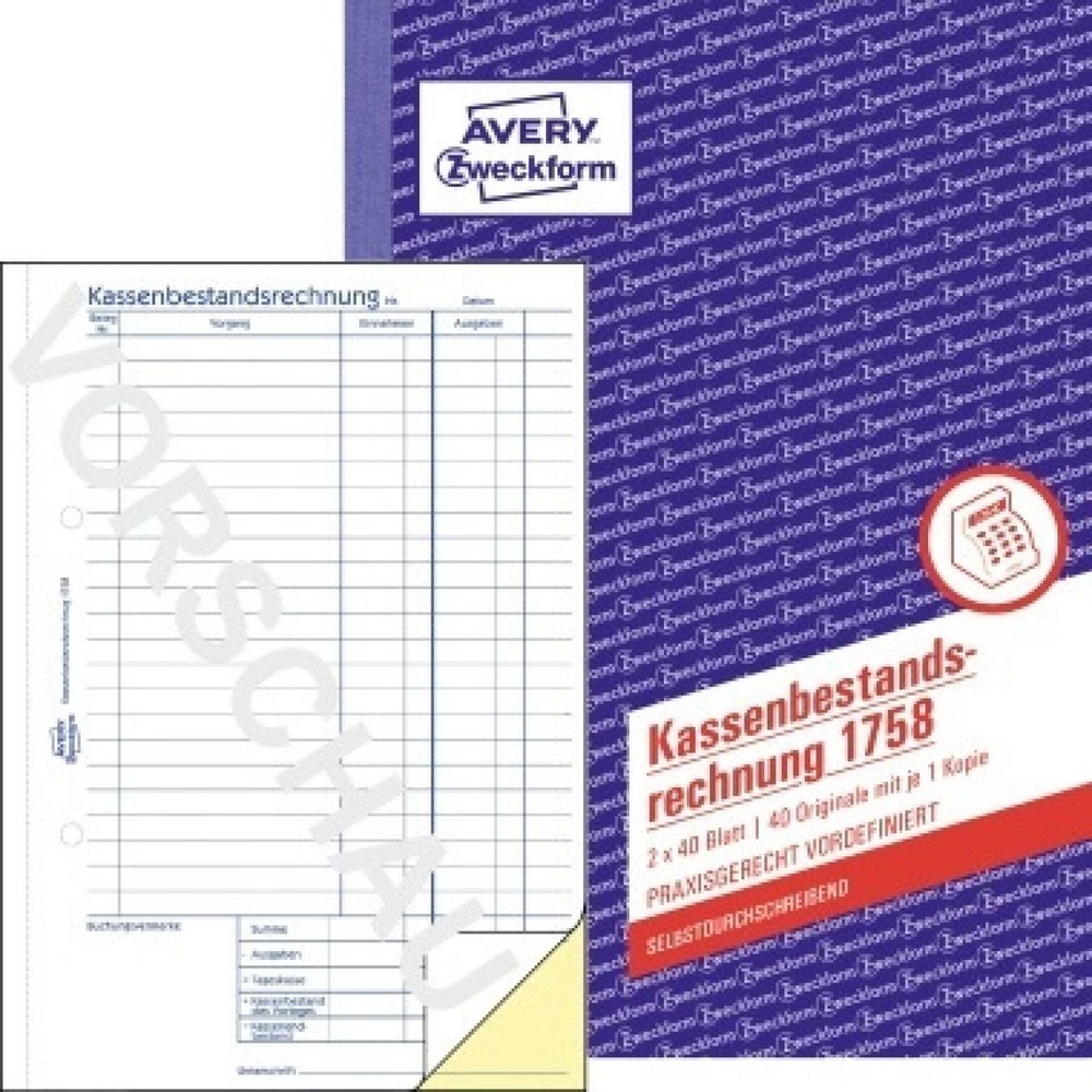 Produktabbildung: Avery Zweckform Kassenabrechnung 1758 DIN A5 SD 2x40Bl.