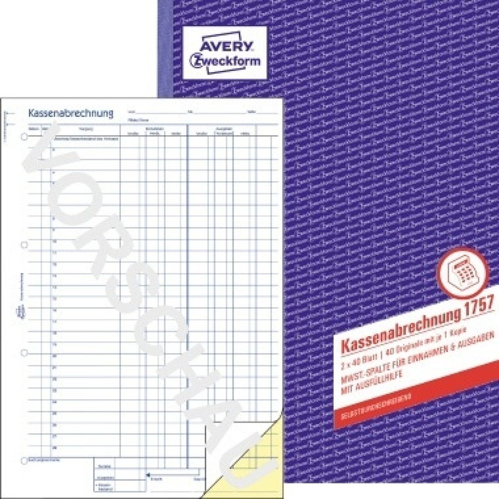 Produktabbildung: Avery Zweckform Kassenabrechnung 1757 DIN A4 2x40Blatt