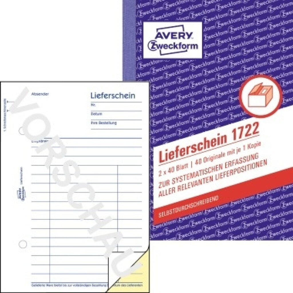 Avery Zweckform Lieferschein 1722 DIN A6 +Durchschlag 2x40Bl. Produktabbildung: Avery Zweckform Lieferschein 1722 DIN A6 +Durchschlag 2x40Bl.