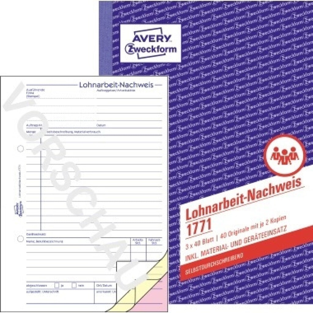 Avery Zweckform Lohnarbeitnachweis 1771 DIN A5 SD 3x40Blatt Produktabbildung: Avery Zweckform Lohnarbeitnachweis 1771 DIN A5 SD 3x40Blatt