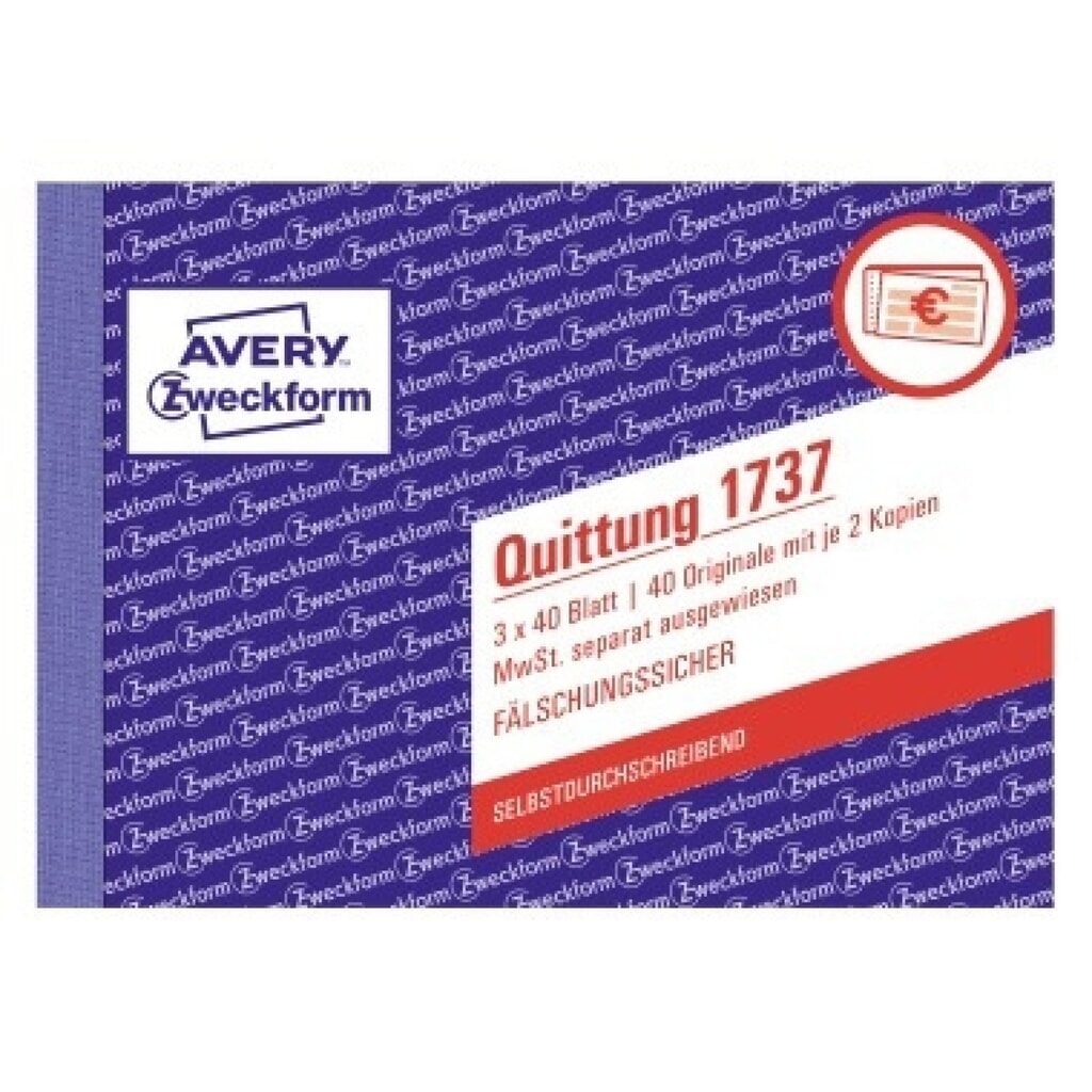 Avery Zweckform Quittung 1737 DI A6 mit MwSt SD 3x40Blatt Produktabbildung: Avery Zweckform Quittung 1737 DI A6 mit MwSt SD 3x40Blatt
