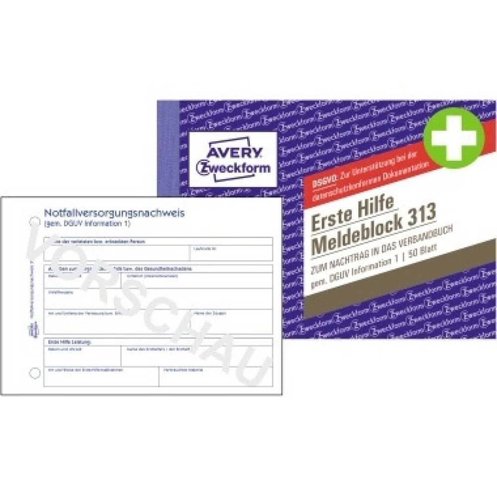 Produktabbildung: Avery Zweckform Meldeblock Erste Hilfe 313 A6 50 Blatt