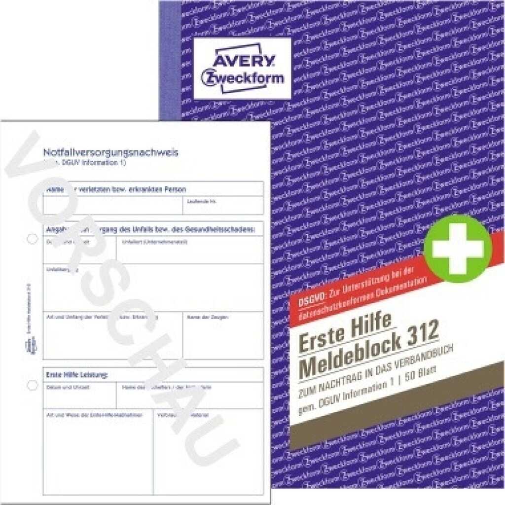 Avery Zweckform Meldeblock Erste Hilfe 312 A5 50 Blatt Produktabbildung: Avery Zweckform Meldeblock Erste Hilfe 312 A5 50 Blatt