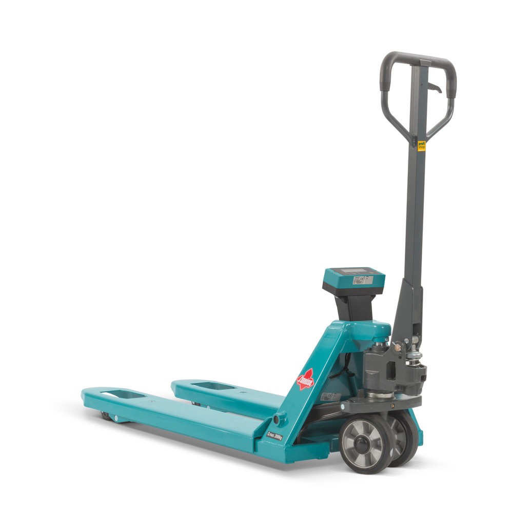Produktabbildung: B-Ware Wiege-Hubwagen Ameise®, TK 2.000 kg, 1 kg-Schritte, Tandemrollen, RAL 5018 türkisblau
