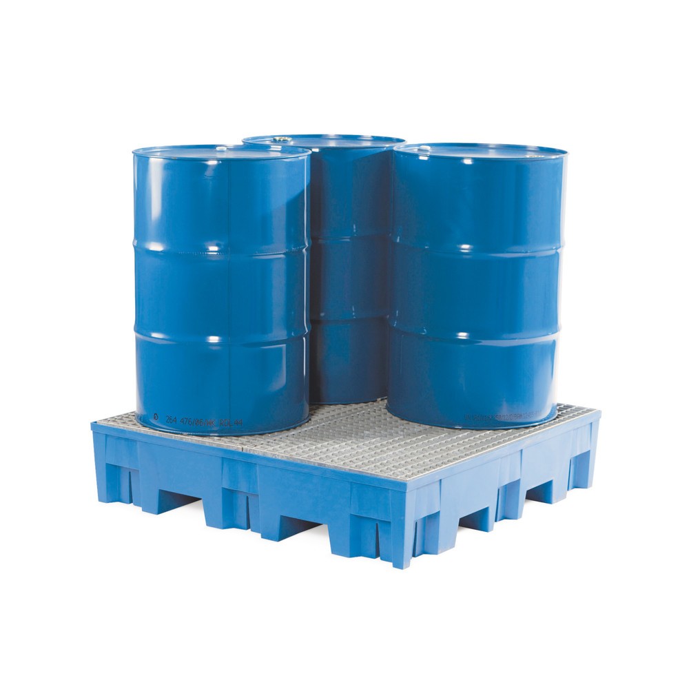 Illustration du produit: asecos® bac de rétention en polyéthylène (PE) avec entrées de fourche, 4 x 200 l, H x l x P 275 x 1 235 x 1 235 mm, grille galvanisée