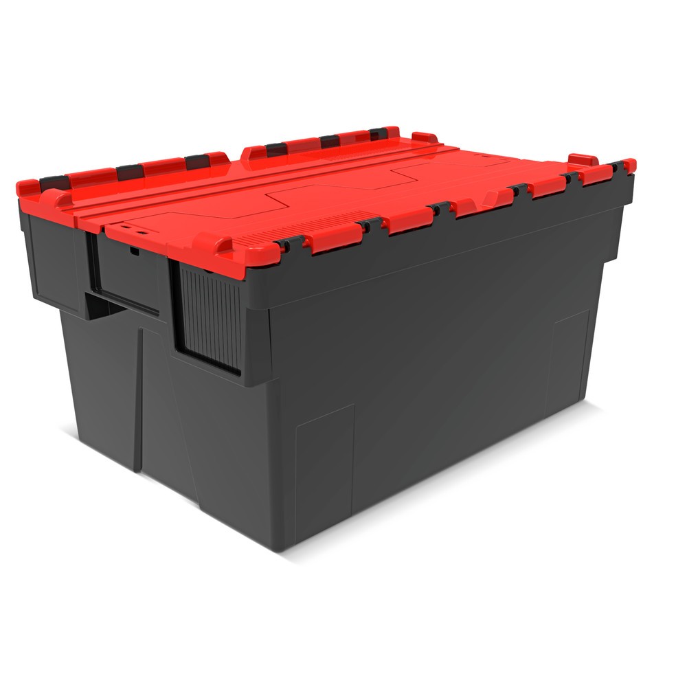 Illustration du produit: Alpha Eurobox en regranulés de PP avec couvercle basculant et rabattable, noir/rouge, 56 litres, haut. x larg. x prof. 310 x 600 x 400 mm