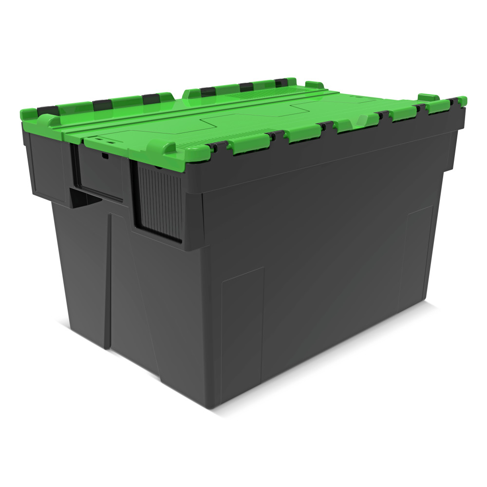 Illustration du produit: Alpha Eurobox en regranulés de PP avec couvercle basculant et rabattable, noir/vert, 65 litres, haut. x larg. x prof. 365 x 600 x 400 mm