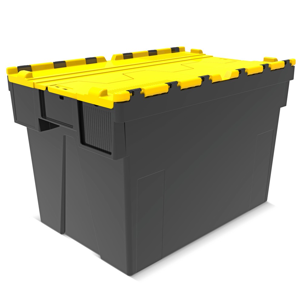 Illustration du produit: Alpha Eurobox en regranulés de PP avec couvercle basculant et rabattable, noir/jaune, 77 litres, haut. x larg. x prof. 400 x 600 x 400 mm