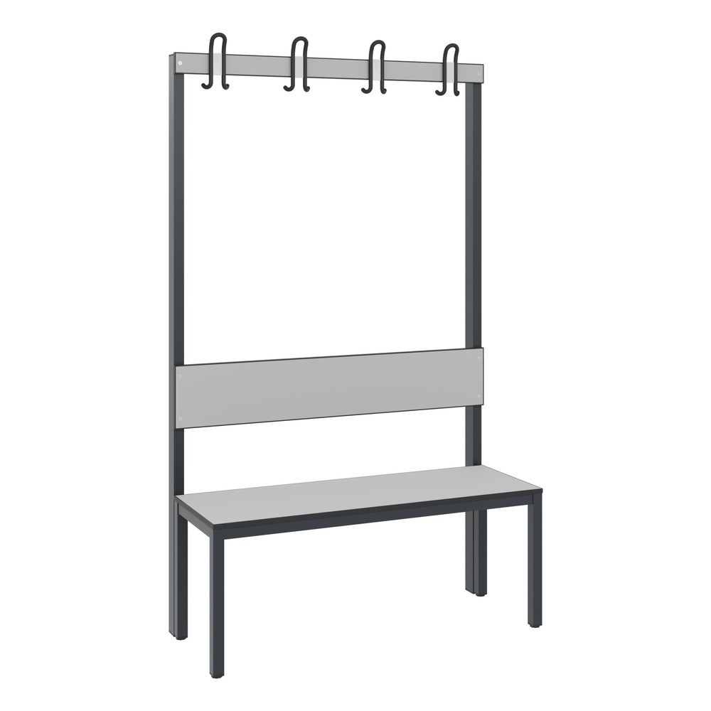 Illustration du produit: Banc pour vestiaire C+P Basic Plus, longueur 1 000 mm, utilisable d’un seul côté, avec dossier, 4 crochets doubles, gris-noir / gris-argent