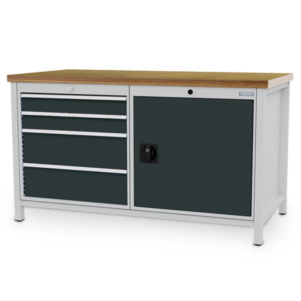 Immagine del prodotto: Banco da lavoro Bedrunka+Hirth R 24-24, AxLxP 859 x 1.500 x 750 mm, grigio chiaro, grigio antracite, 4 cassetti 4x200 mm, 1 anta a battente 1x600 mm