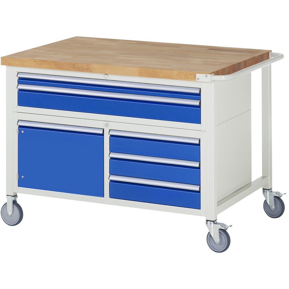 Immagine del prodotto n. 1: Banco da lavoro mobile RAU serie 8000, 1 contenitore doppio, 1 anta battente, HxLxP 920-1.120 x 1.250 x 900 mm, 5 cassetti estraibili al 90%