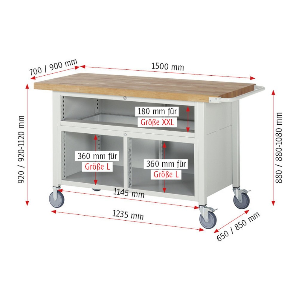 Immagine del prodotto n. 7: Banco da lavoro mobile RAU serie 8000, 1 contenitore triplo, HxLxP 920-1.120 x 1.500 x 900 mm, 7 cassetti estraibili al 90%