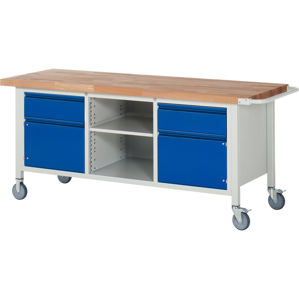 Immagine del prodotto: Banco da lavoro RAU serie 8000, 1 contenitore triplo, 1 ripiano, 2 ante battenti, AxLxP 880 x 2.000 x 700 mm, 2 cassetti 2 x 180 mm