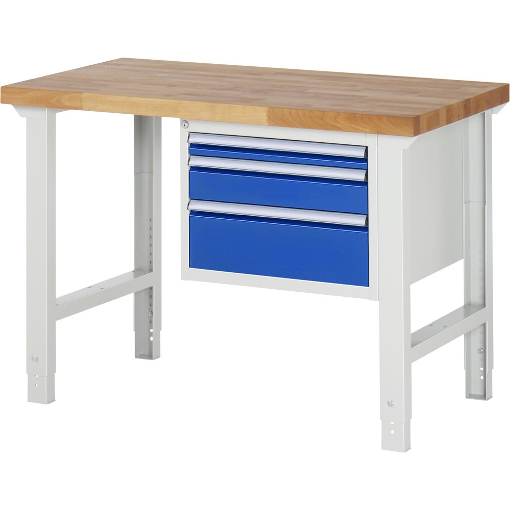Immagine del prodotto: RAU Banco da lavoro Serie 7000, HxLxP 790-1.140 x 1.250 x 700 mm, 1 contenitore nella base a destra, con 3 cassetti