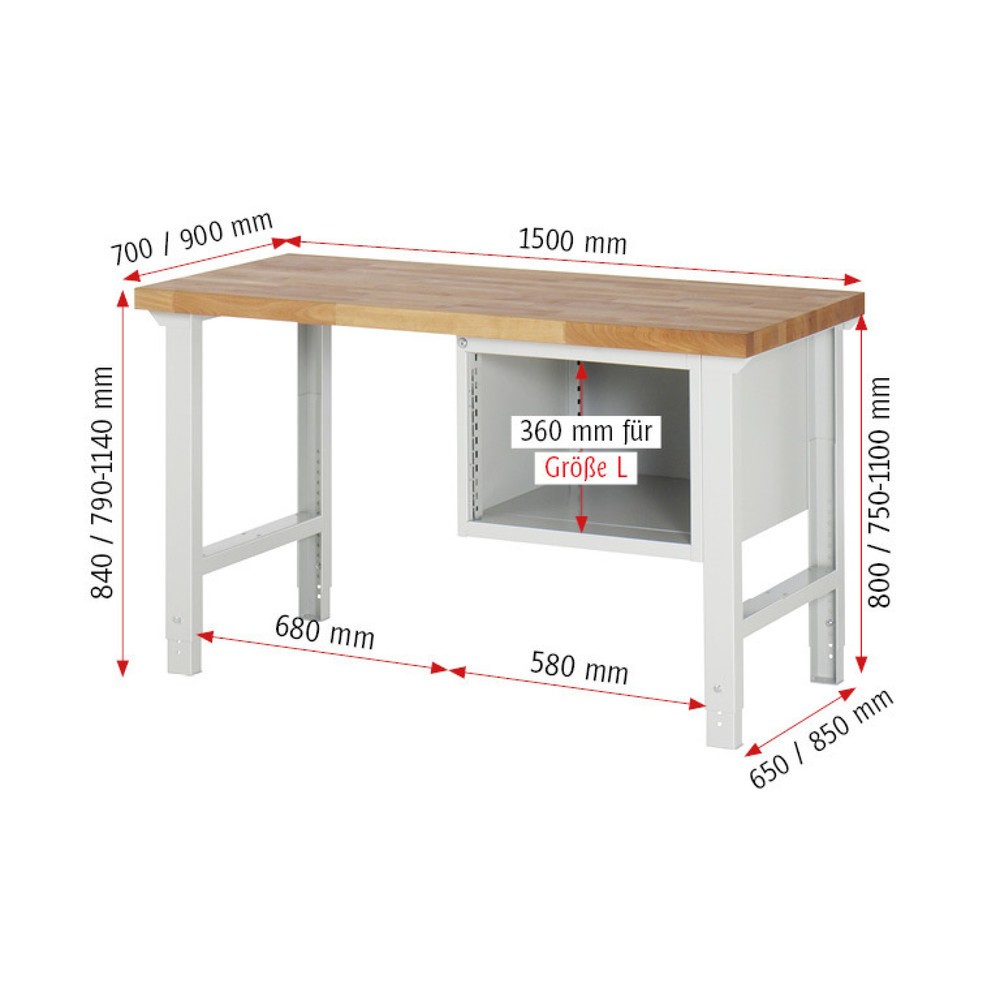 Immagine del prodotto n. 5: Banco da lavoro RAU serie 7000, 1 contenitore, AxLxP 840 x 1.500 x 700 mm, 2 cassetti estraibili al 90% 1 x 150, 1 x 210 mm