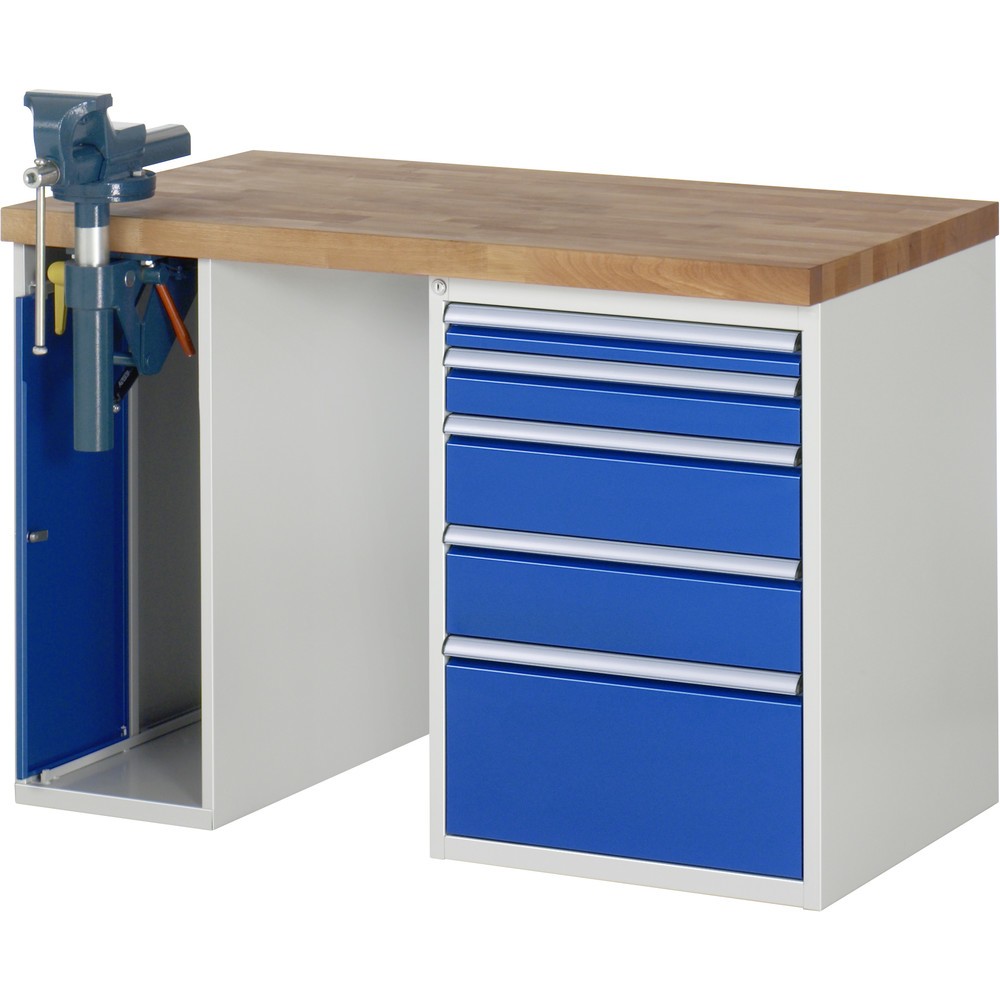 Immagine del prodotto: RAU Banco da lavoro Serie 7000, HxLxP 890 x 1.250 x 700 mm, 1 contenitore nella base con 5 cassetti e morsa da banco retrattile